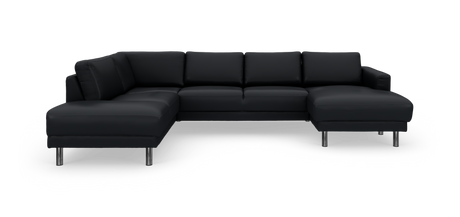 Sort U‑sofa med chaiselonger i begge sider og kromben, frilagt på hvid baggrund.