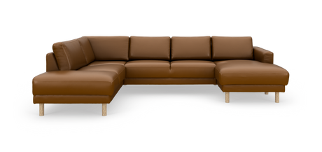 Brun U-formet modulsofa i læder med to chaiselonger og lyse træben, frilagt på hvid baggrund.