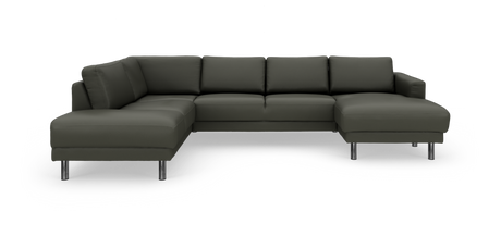 Mørkegrå L-formet hjørnesofa med chaiselong og kromben, frilagt på hvid baggrund.