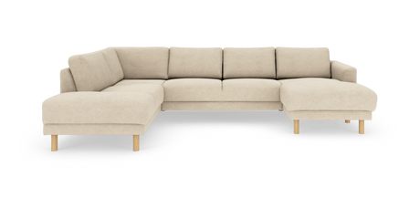 U-formet beige hjørnesofa med chaiselonger på begge sider og runde træben, frilagt på hvid baggrund.