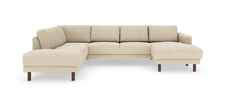 Beige L‑formet modulsofa med chaiselong til højre og runde træben.