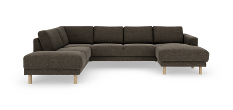 Stor modulsofa i mørkebrunt stof med to chaiselonger og lyse træben, fritlagt produktfoto.