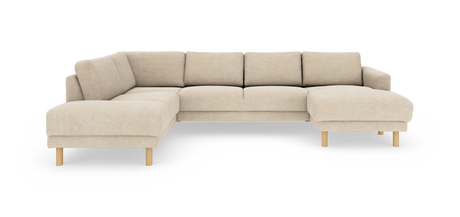 Beige hjørnesofa med chaiselong og runde træben, frilagt på hvid baggrund.
