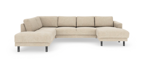 Beige L-formet modulsofa med chaiselong og kromben, fritlagt på hvid baggrund.
