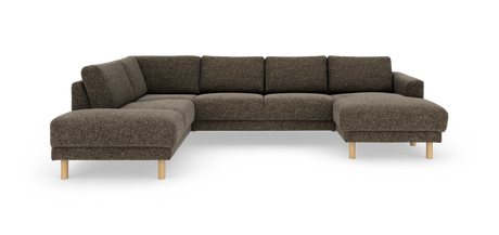Brun U-formet modulsofa med to chaiselonger og træben, fotograferet lige forfra på hvid baggrund.