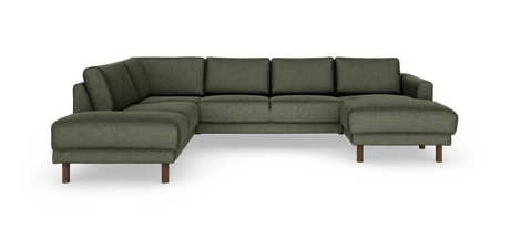 Modulær L‑sofa i olivgrønt stof med chaiselong til højre og runde træben.