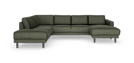 Grøn modulsofa i L-form med chaiselong til højre og metalben, frilagt på hvid baggrund.