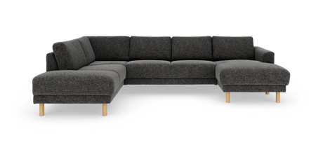 Mørkegrå L‑sofa i stof med træben, hjørnesofa med chaiselong til højre.