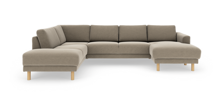 Beige U-formet modulsofa med chaiselong og runde træben, frilagt på hvid baggrund.