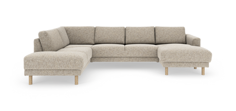 Beige L‑sofa med chaiselong og træben, frilagt på hvid baggrund.