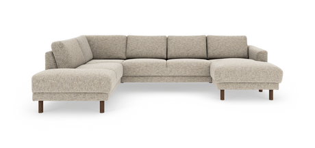 Beige hjørnesofa i stof med chaiselonger på begge sider og runde træben, fritlagt på hvid baggrund.