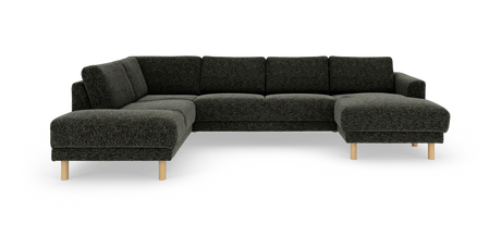 Mørkegrå modul-hjørnesofa i U‑form med chaiselong til højre og lyse træben.