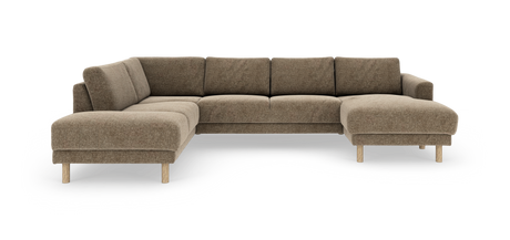 Brun L‑sofa i stof med chaiselong til højre og runde træben, frilagt på hvid baggrund.