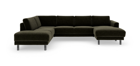 Mørkegrøn U‑sofa med chaiselonger i begge sider og kromben, frilagt på hvid baggrund.