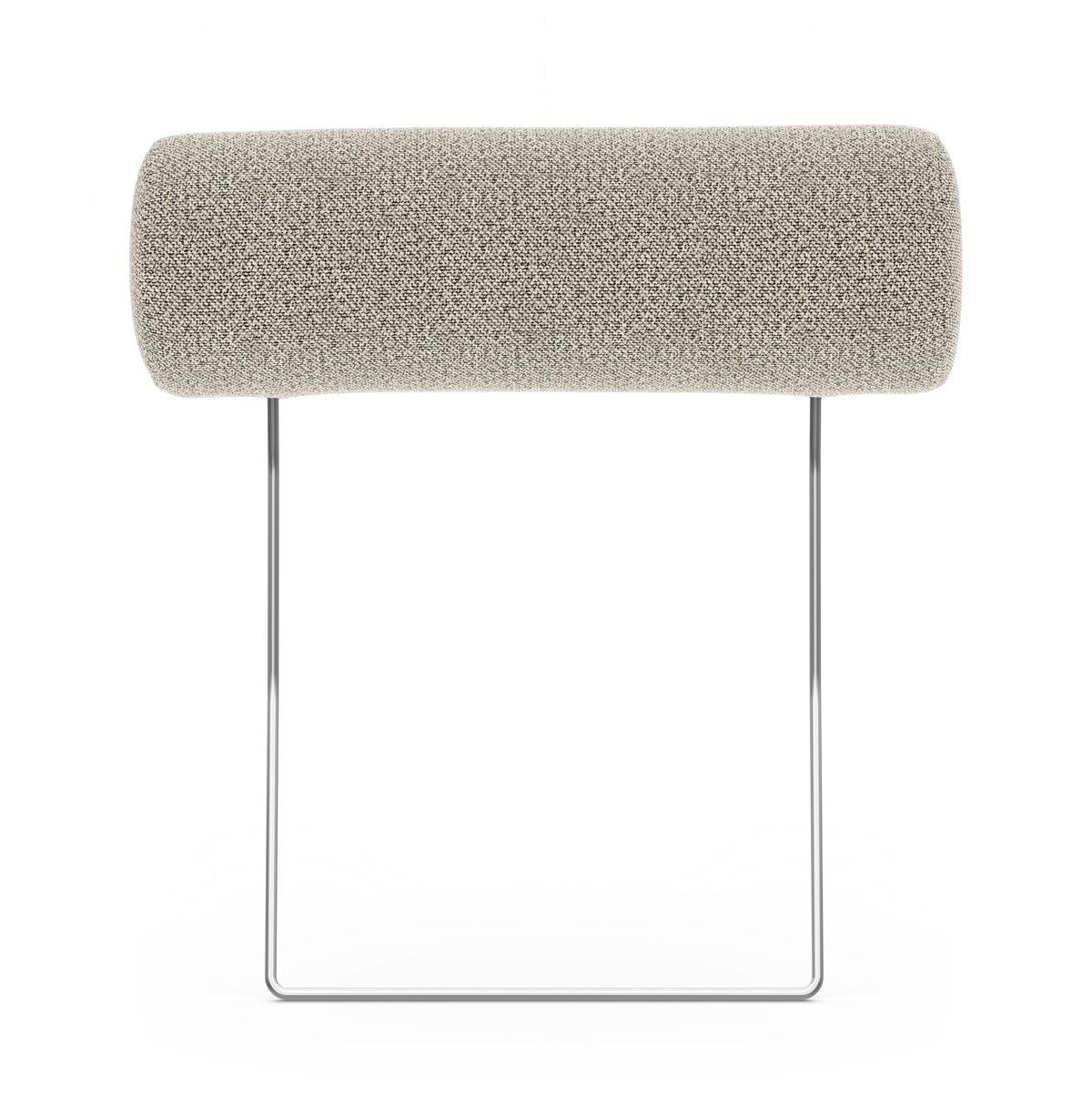 Cylindrisk beige ryg-/nakkepude på en slank U-formet kromstel ramme, frilagt produktbillede.