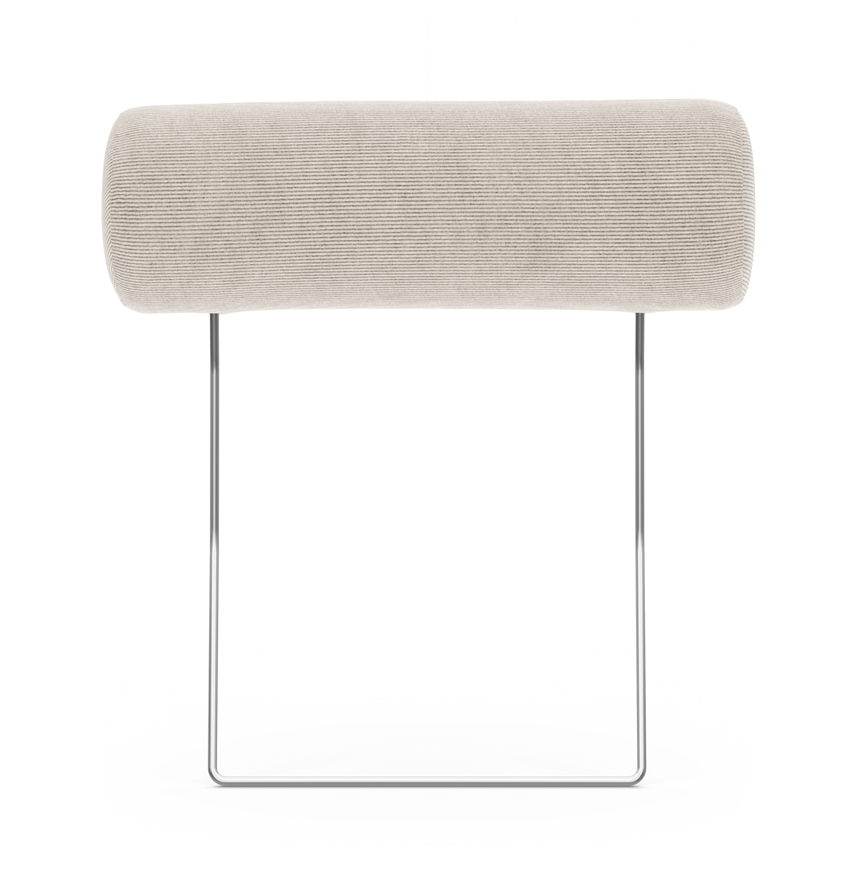 Beige cylindrisk nakkestøtte med rillet polstring på forkromet bøjleramme, frilagt på hvid baggrund.