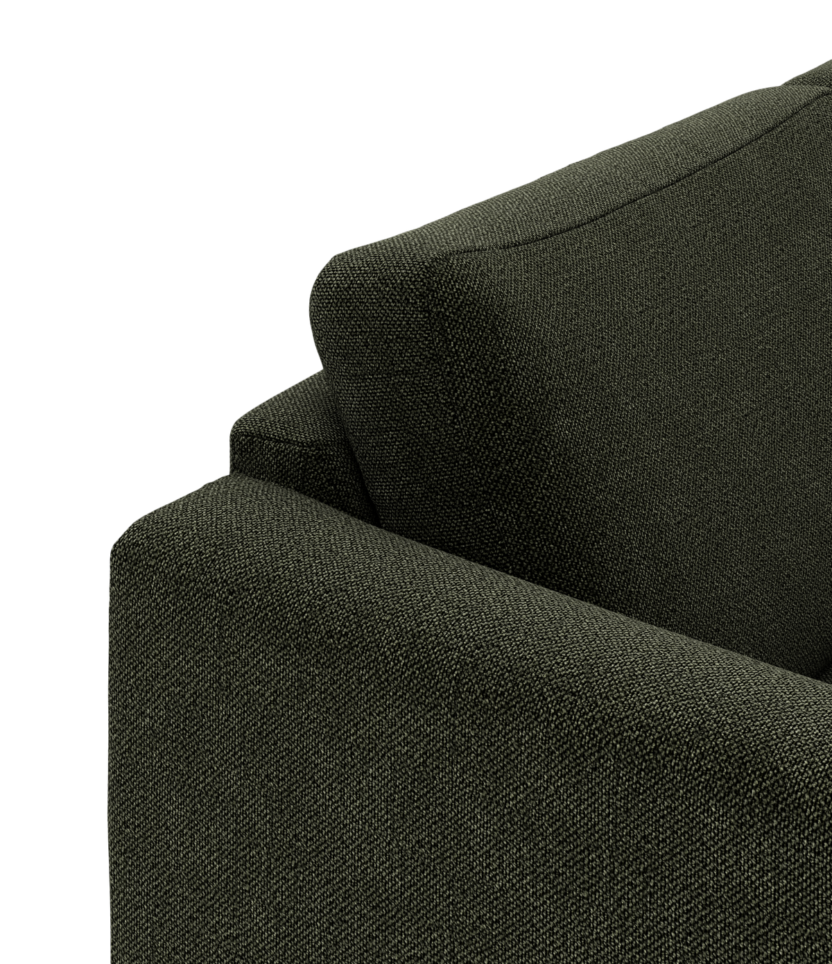 Nærbillede af mørkegrøn stofsofa med armlæn og ryghynde mod sort baggrund.