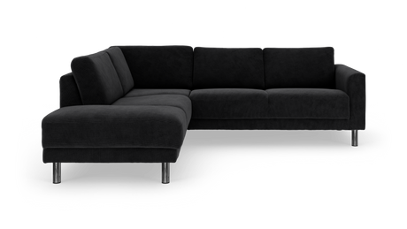 L‑formet modulsofa i mørkegråt/sort stof med metalben, frilagt på hvid baggrund.