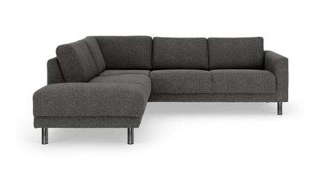 Mørkegrå L‑sofa i stof med venstrevendt chaiselong og kromben.