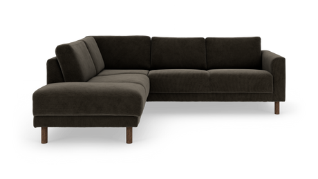 Mørkegrå hjørnesofa med venstrevendt chaiselong og træben.