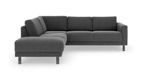 Mørkegrå L-formet hjørnesofa med metalben, frilagt på hvid baggrund.