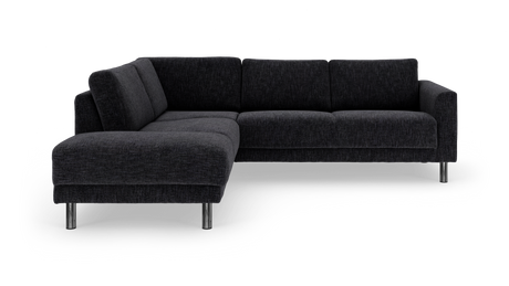 Mørkegrå L-formet hjørnesofa i stof med metalben.