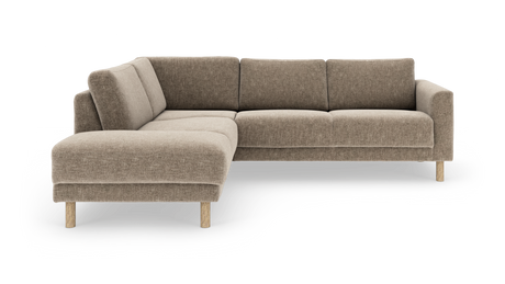 Beige L-formet modulsofa med træben, fritlagt på hvid baggrund.