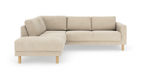 Beige L‑formet modulsofa med runde tr&auml;ben, frilagt p&aring; hvid baggrund.