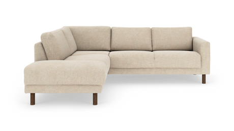 Beige L-formet hjørnesofa med chaiselong til venstre og runde træben.