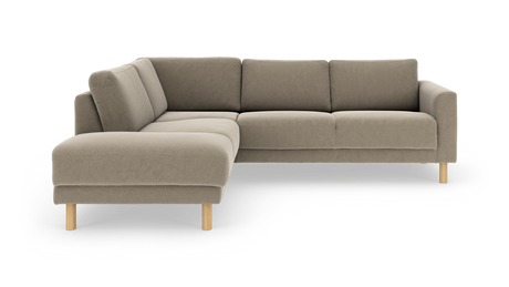 Beige L-formet modulsofa med venstrevendt chaiselong og træben