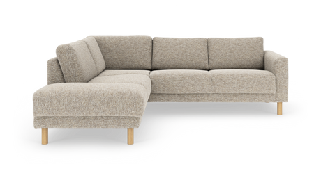 Beige L-formet modulsofa med chaiselong og træben, fritlagt på hvid baggrund.