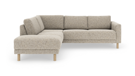 Beige L-formet modulsofa med chaiselong til venstre på træben, frilagt på hvid baggrund.
