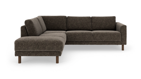 Mørkebrun L‑formet hjørnesofa med venstrevendt chaiselong og træben i moderne design.