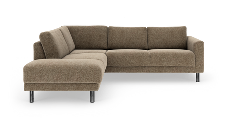 Brun L-formet modulsofa med metalben, frilagt på hvid baggrund.
