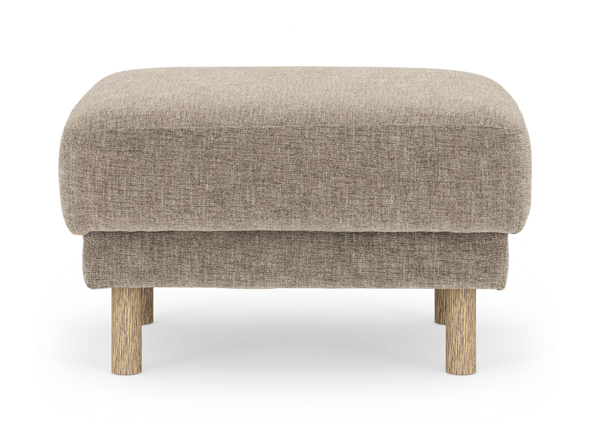 Beige skammel/ottoman med træben, frilagt frontvisning.