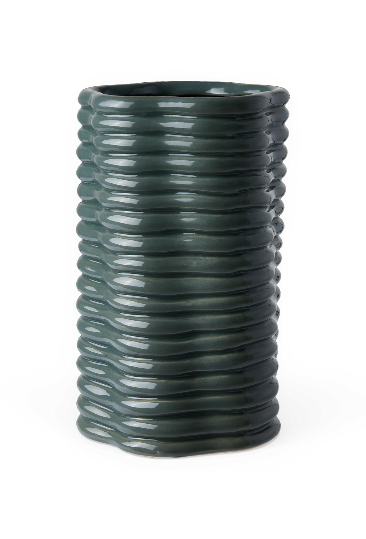Mørkegrøn glaseret, riflet cylinderformet vase.