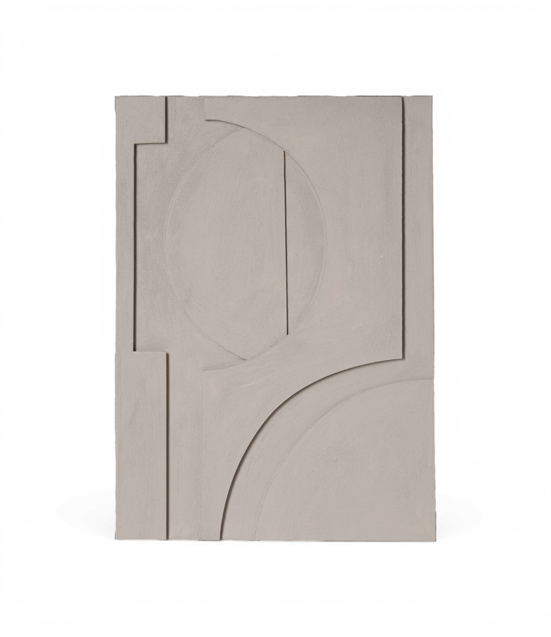 Beige abstrakt vægkunst med geometrisk relief af cirkler og buer.