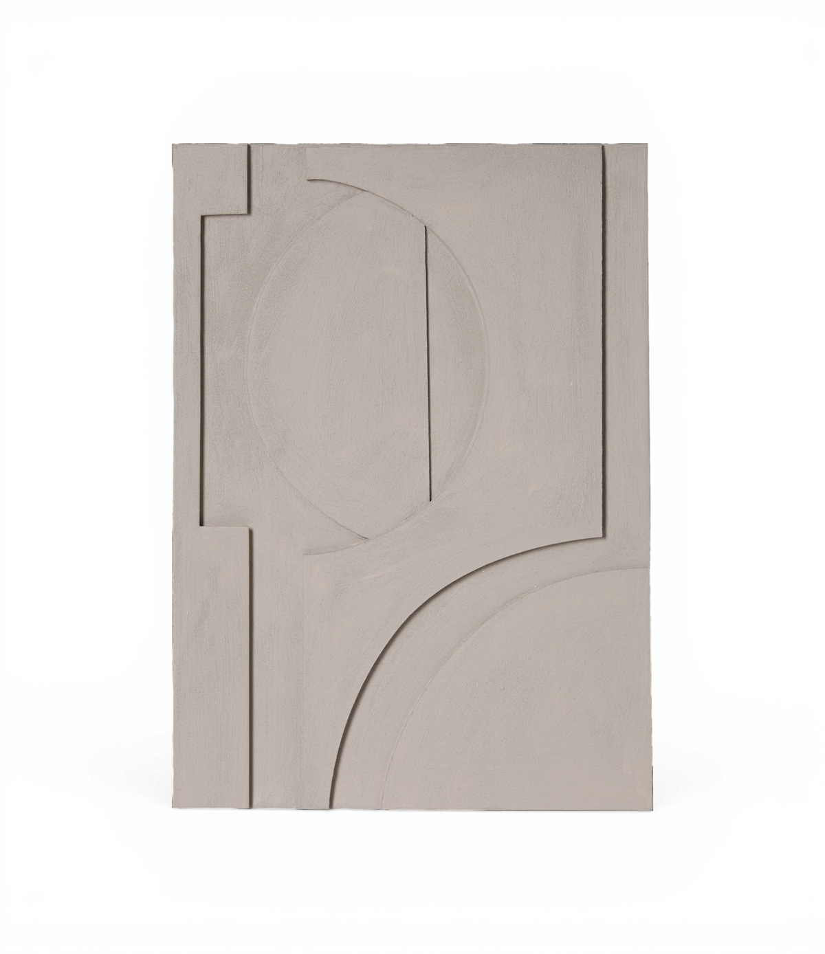 Beige abstrakt vægkunst med geometrisk relief af cirkler og buer.