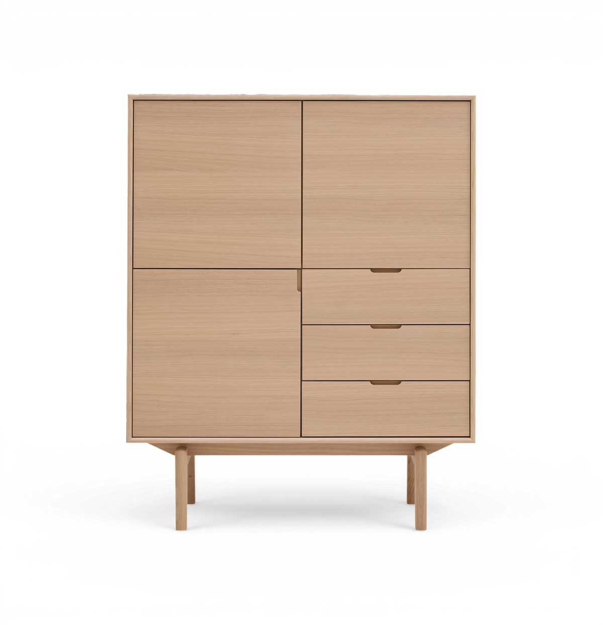 Lyst træskab med to låger og tre skuffer på ben, frontvisning i minimalistisk design.
