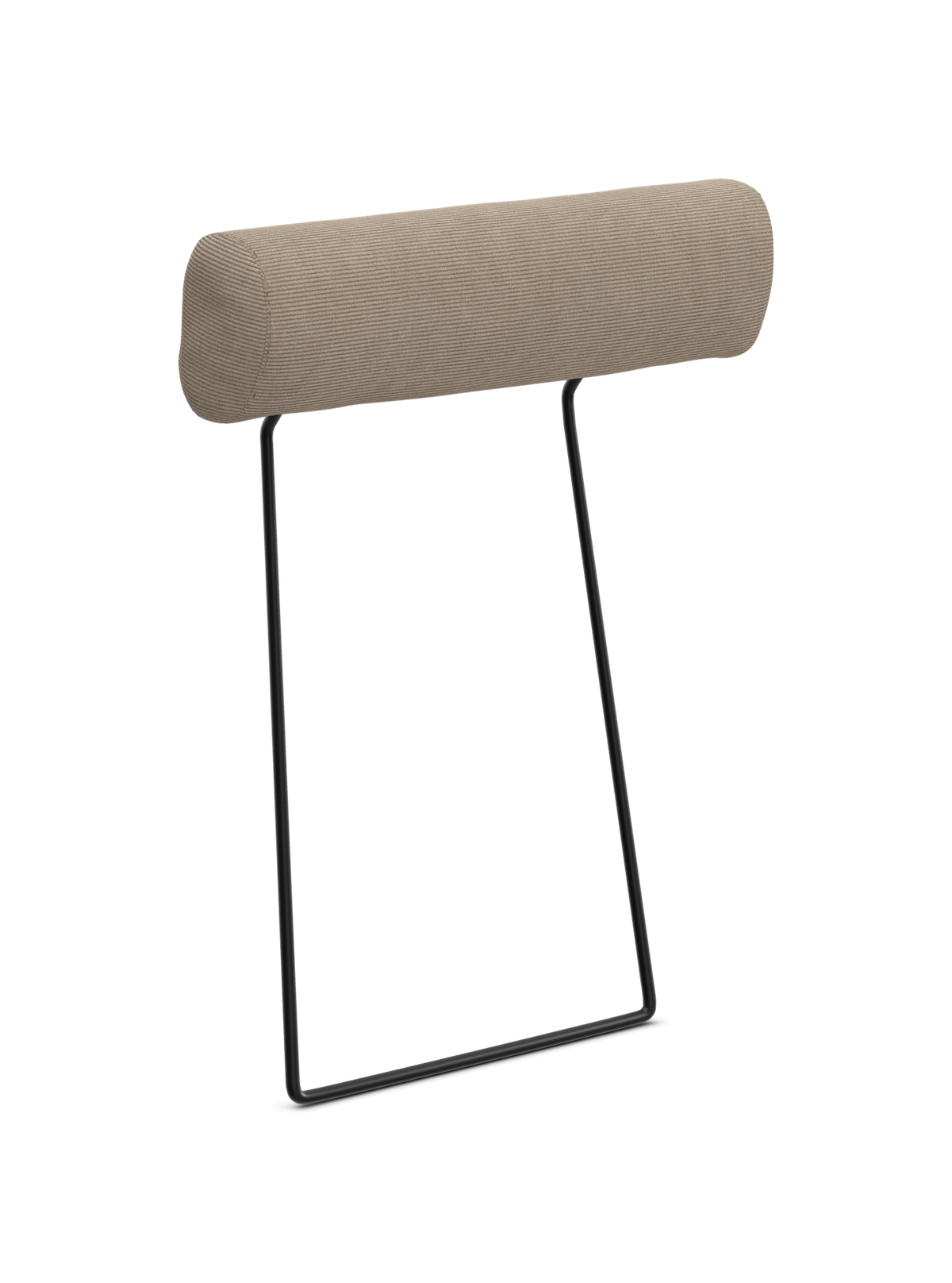 Beige cylindrisk nakkestøtte med sort metalramme, frilagt produktfoto.