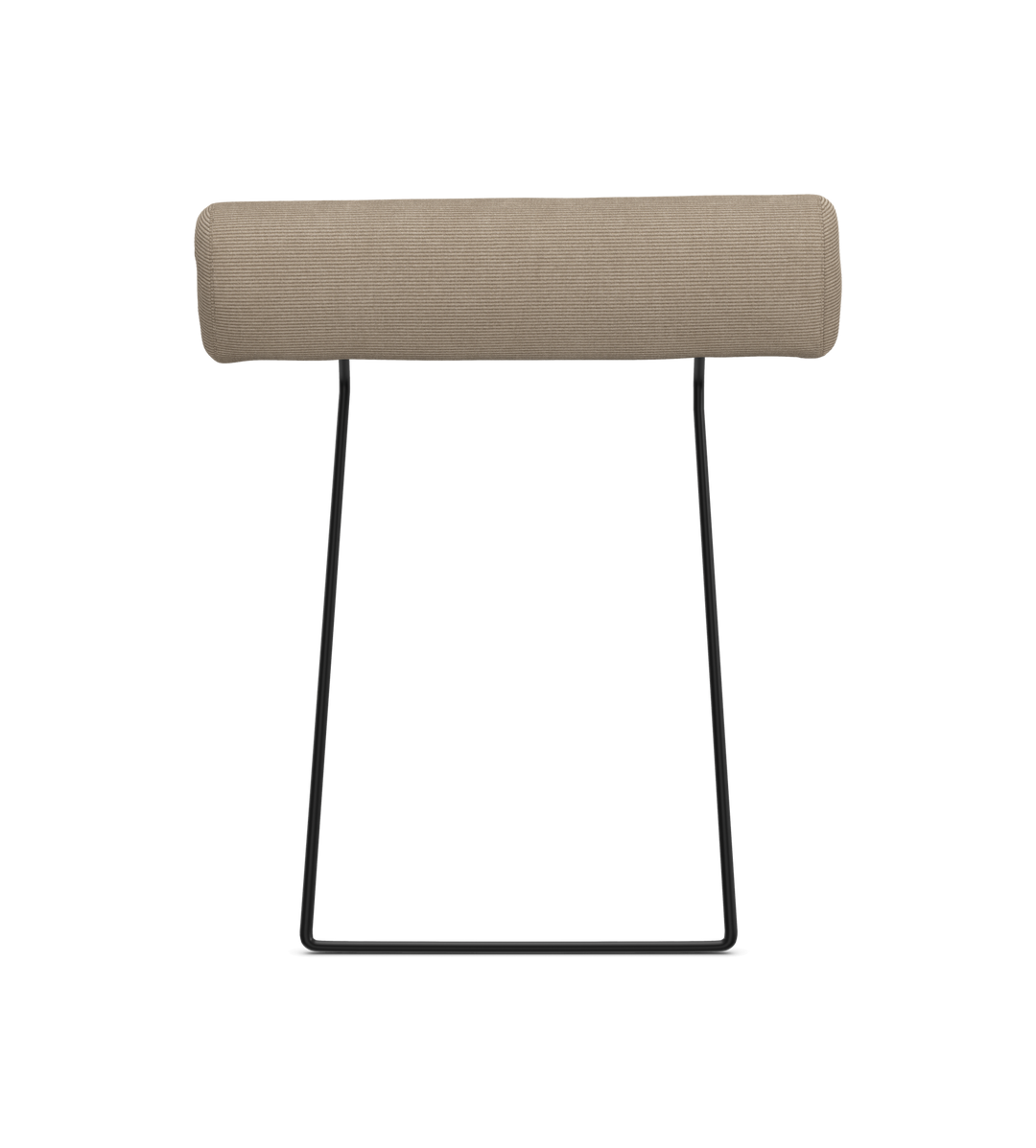 Beige cylinderformet nakkepude på slank sort metalramme, frilagt på hvid baggrund.