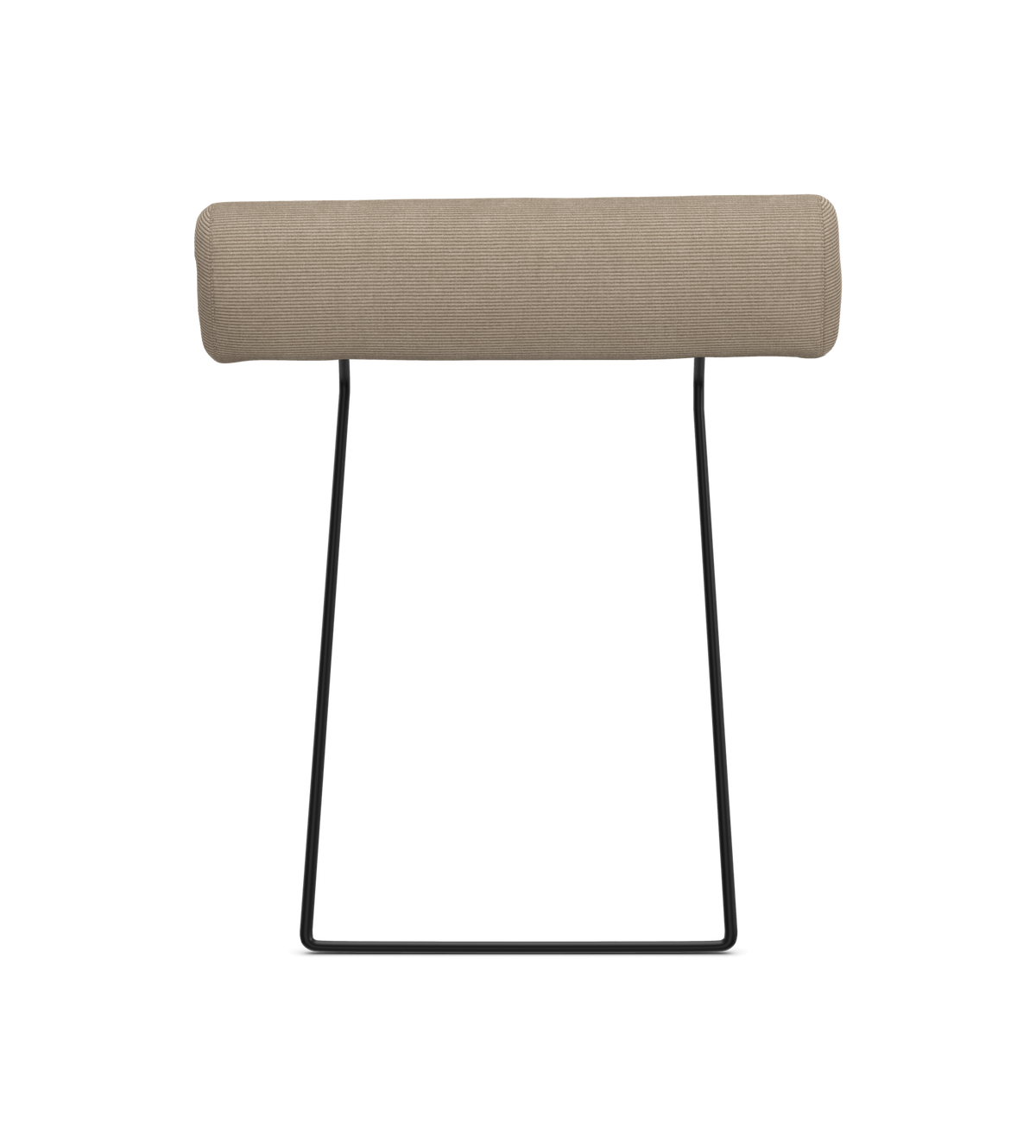 Beige cylinderformet nakkepude på slank sort metalramme, frilagt på hvid baggrund.