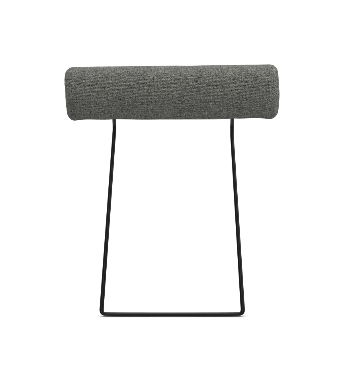 Grå cylindrisk nakkepude på sort metalstativ, frilagt produktfoto.