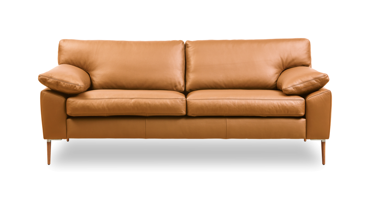 Brun tosædet lædersofa set forfra, frilagt på hvid baggrund.