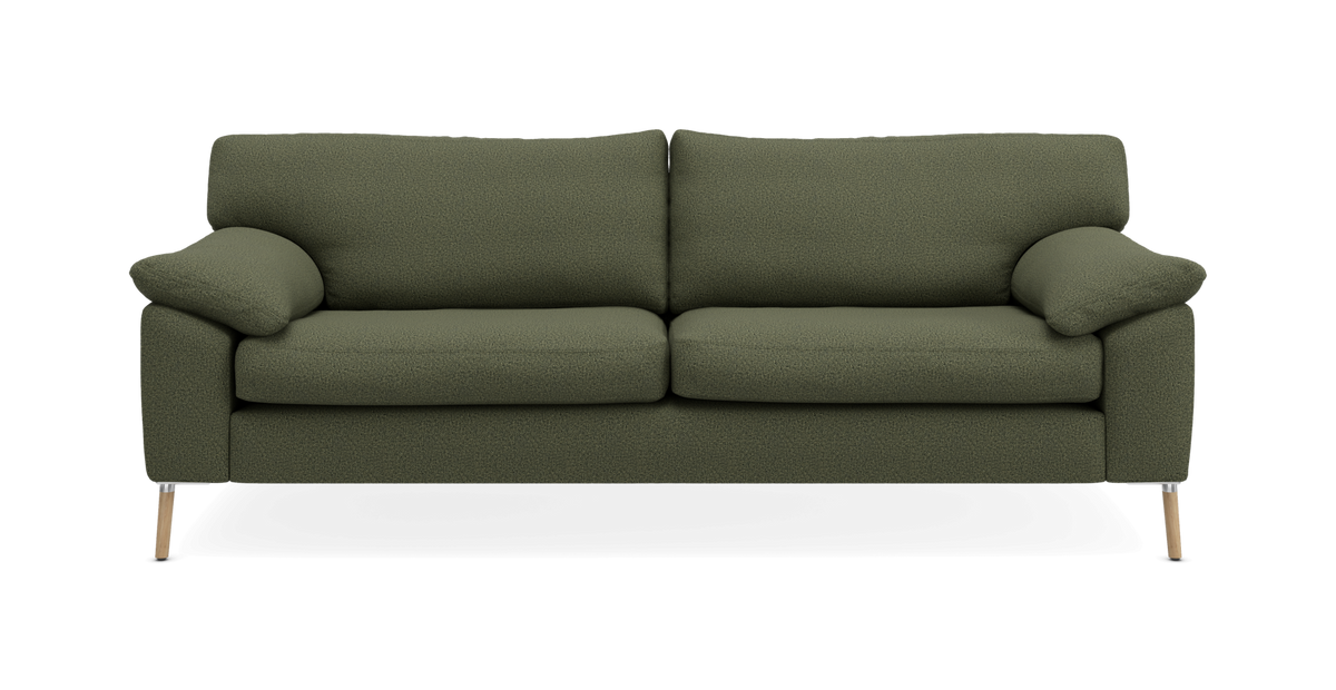 Grøn sofa med to sædehynder, afrundede armlæn og træben, set forfra.