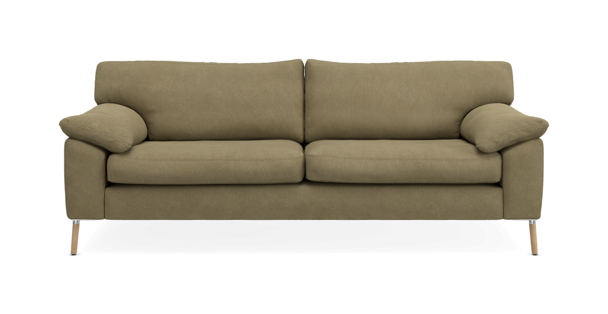 Olivengrøn sofa i fløjl med træben, set forfra.