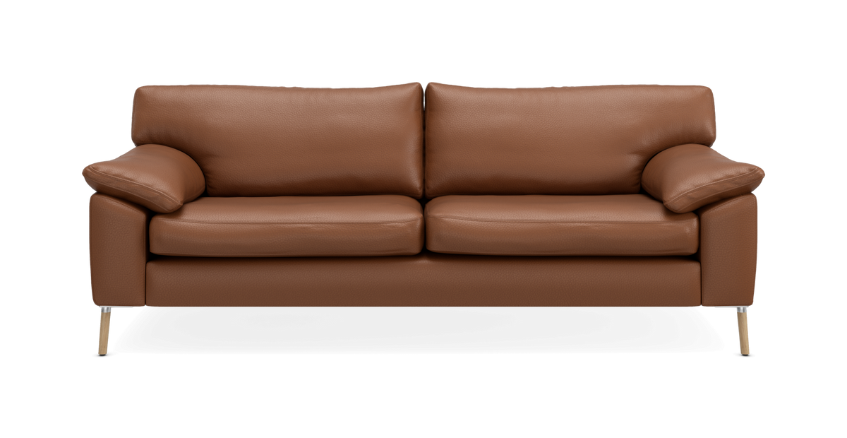 Brun 2-personers lædersofa med metalben, frontvisning på hvid baggrund.