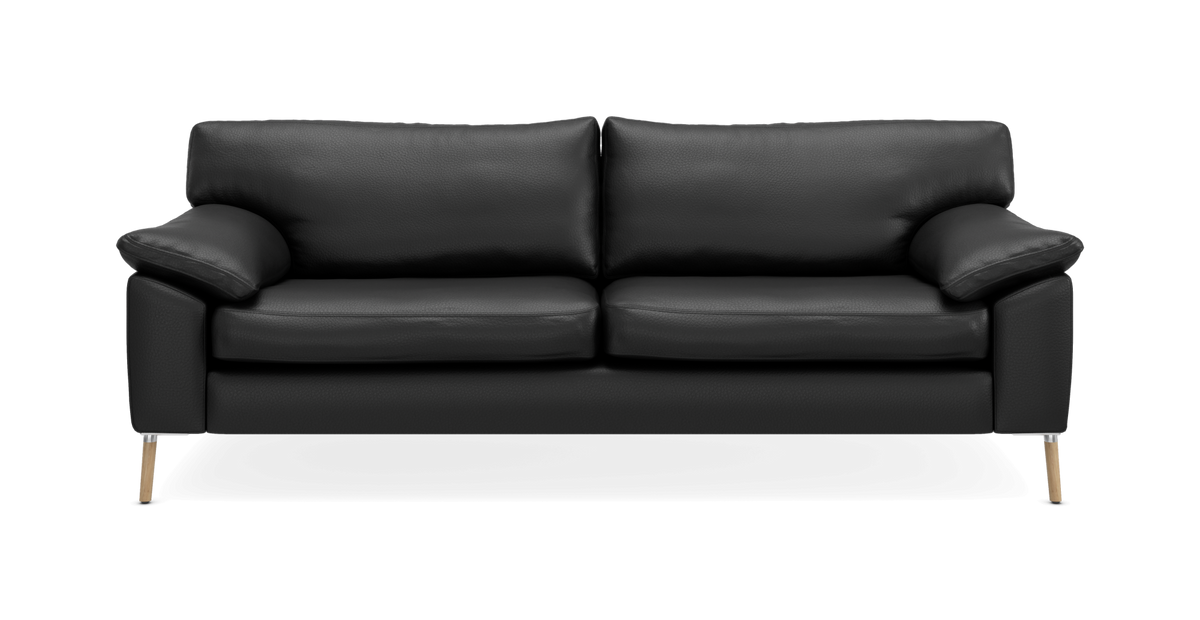 Sort 2-personers lædersofa med træben set forfra.