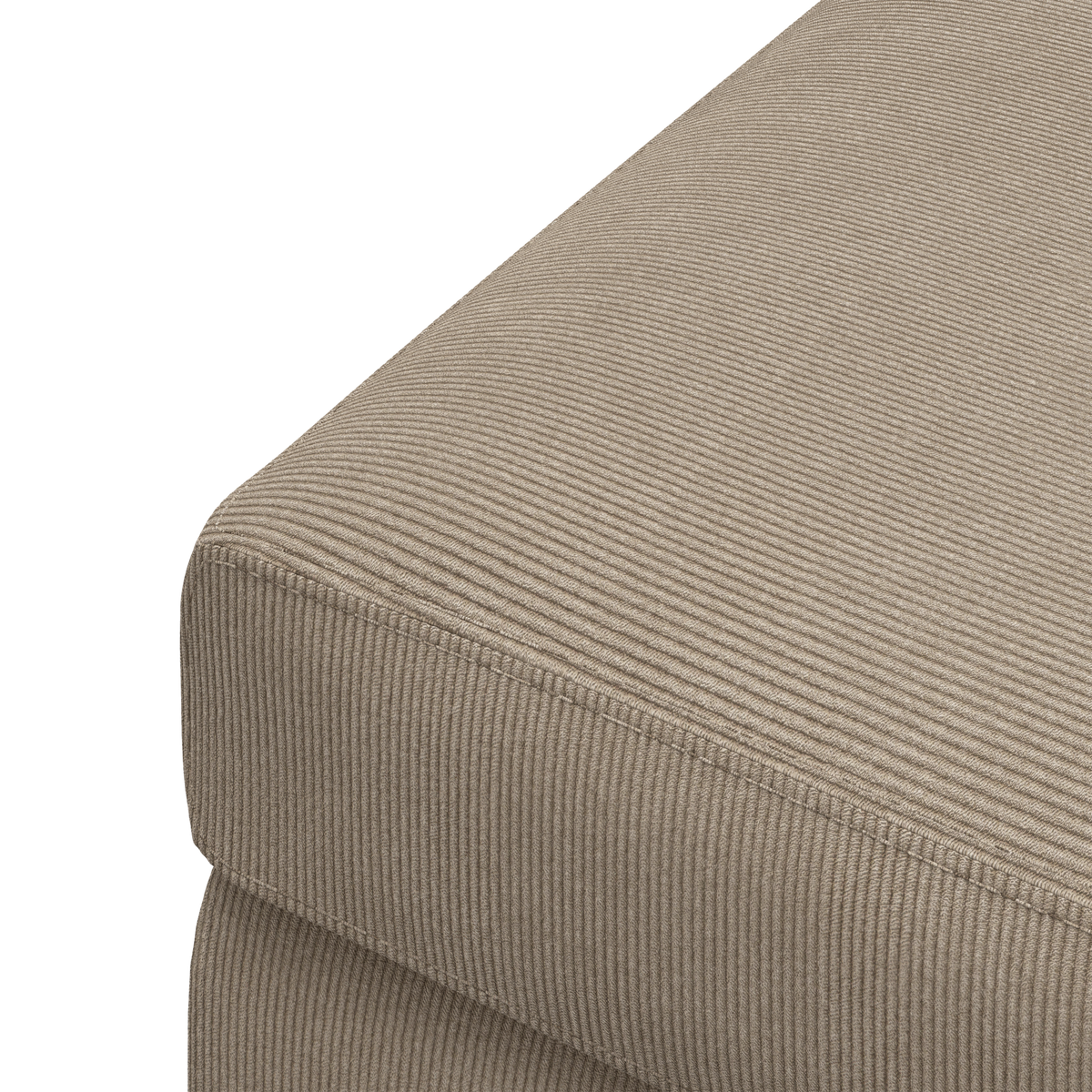 Nærbillede af beige corduroy/fløjl-betræk på hjørnet af en sofahynde, studieoptagelse.