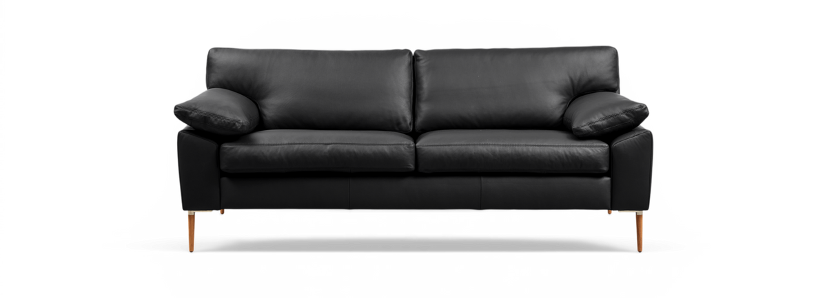 Sort lædersofa med træben set forfra på mørk baggrund.